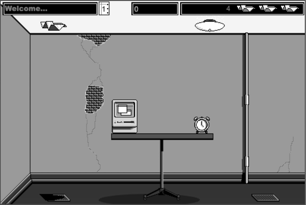 Black and white screenshot of the Glider video game. A paper aeroplane hovers above a central air vent. In the room there is an old Apple Macintosh computer and an alarm clock sat on a table.