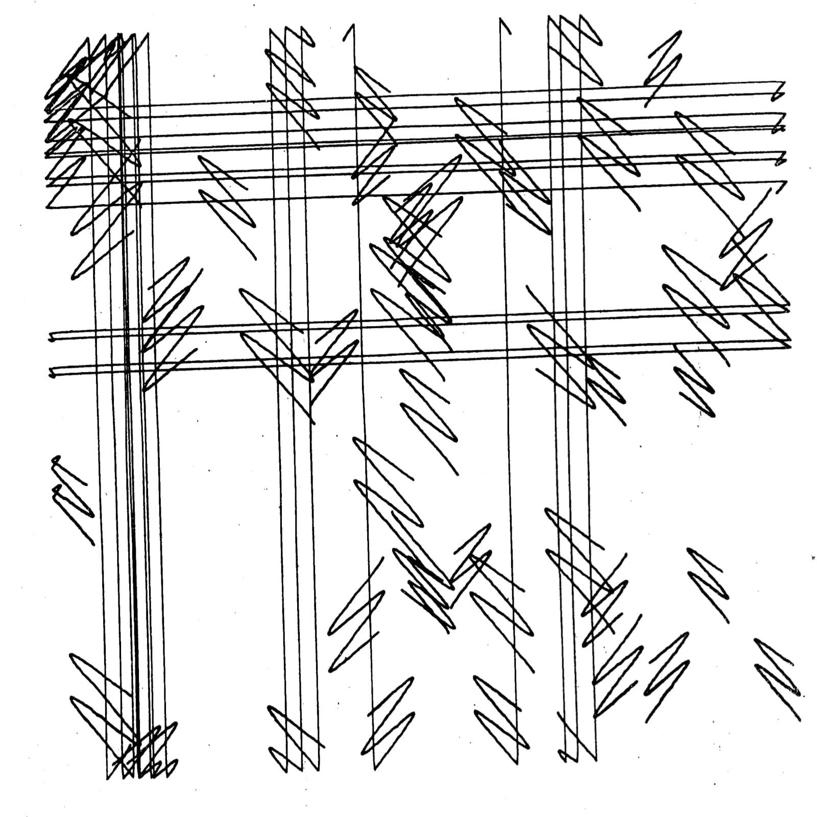A series of horizontal and vertical lines make an off-centre grid. Sinusoidal-squiggles are sprinkled throughout