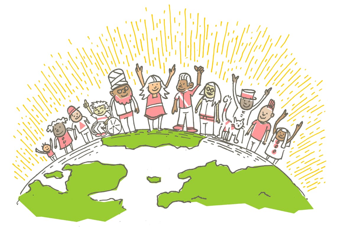 The old startup image for Ruby on Rails apps picturing a cartoon globe with a diverse crowd of happy people